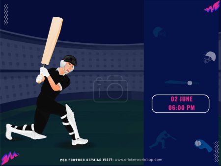 Ilustración de Diseño de póster de partido de críquet con personaje de jugador de bateador de Nueva Zelanda en jugar a la postura en el fondo del estadio. - Imagen libre de derechos