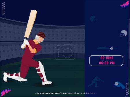Ilustración de Diseño de póster de partido de críquet con personaje de jugador de bateador de las Indias Occidentales en jugar a la postura en el fondo del estadio. - Imagen libre de derechos