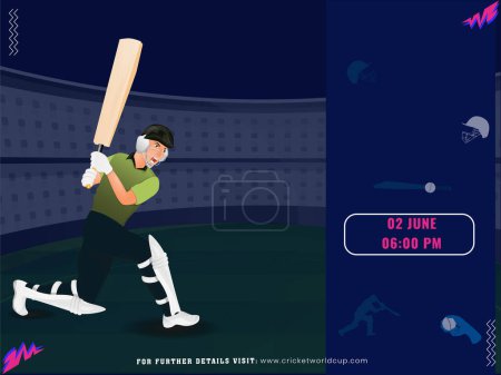 Diseño de póster de partido de críquet con el personaje del jugador de bateador de Irlanda en jugar a la postura en el fondo del estadio.