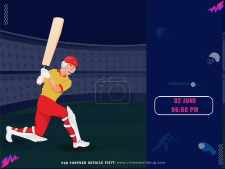 Ilustración de Diseño de póster de partido de críquet con personaje de jugador de bateador de las Indias Occidentales en jugar a la postura en el fondo del estadio. - Imagen libre de derechos