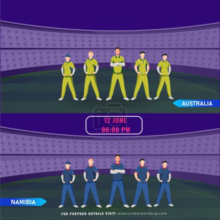 Ilustración de Partido de cricket entre Australia VS Namibia Jugador Equipo en el estadio, Diseño de póster de publicidad. - Imagen libre de derechos