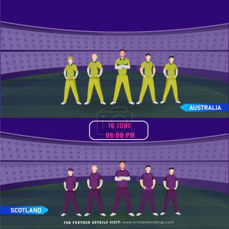 Partido de cricket entre Australia VS Escocia Jugador Equipo en el estadio, Diseño de póster de publicidad.