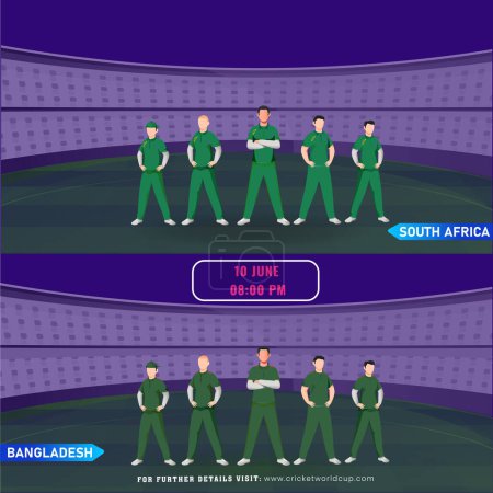 Ilustración de Partido de cricket entre Sudáfrica VS Bangladesh jugador equipo en el estadio, diseño de póster de publicidad. - Imagen libre de derechos