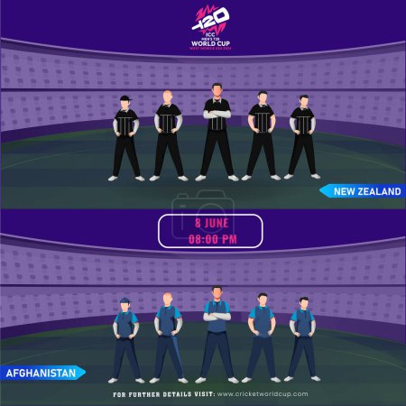 Ilustración de ICC Copa del Mundo T20 Masculino Indias Occidentales y Estados Unidos 2024 Logo-Based Poster con partido de cricket entre Nueva Zelanda VS Afganistán Jugador Equipo en el Estadio. - Imagen libre de derechos