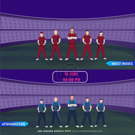 Partido de cricket entre el equipo de jugadores de West Indies VS Afghanistan en el estadio, diseño de póster de publicidad.