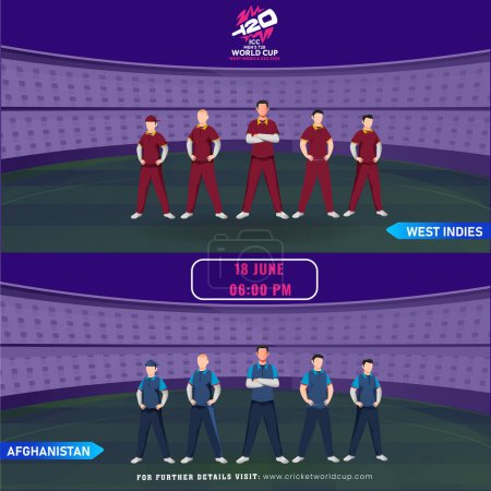 Affiche basée sur le logo de la Coupe du monde T20 masculine ICC des Antilles et des États-Unis 2024 avec match de cricket entre l'équipe de joueurs des Antilles VS Afghanistan sur le stade.