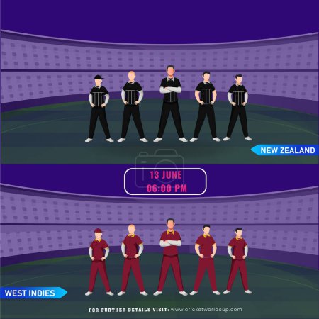 Ilustración de Partido de cricket entre Nueva Zelanda VS West Indies jugador equipo en el estadio, diseño de póster de publicidad. - Imagen libre de derechos