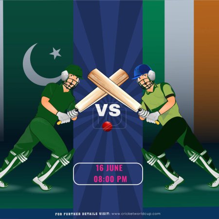 Ilustración de Partido de cricket entre Pakistán vs equipo de Irlanda con su personaje jugadores de bateador en el fondo de la bandera nacional, diseño de póster de publicidad. - Imagen libre de derechos