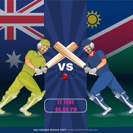 Ilustración de Partido de cricket entre Australia VS Namibia Team con su personaje jugadores de bateador en el fondo de la bandera nacional, diseño de póster de publicidad. - Imagen libre de derechos