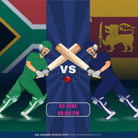 Partido de cricket entre Sudáfrica vs equipo de Sri Lanka con su personaje jugadores de bateador en el fondo de la bandera nacional, diseño de póster de publicidad.