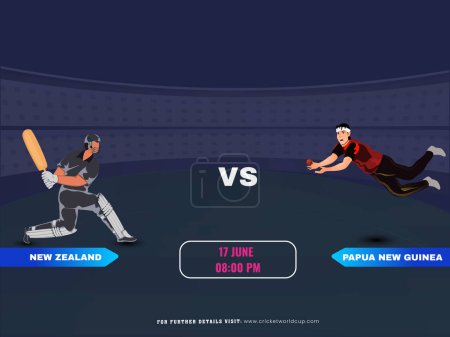 Ilustración de Partido de cricket entre Nueva Zelanda vs Papúa Nueva Guinea Equipo con su bateador, Jugador de bolos Personajes. - Imagen libre de derechos
