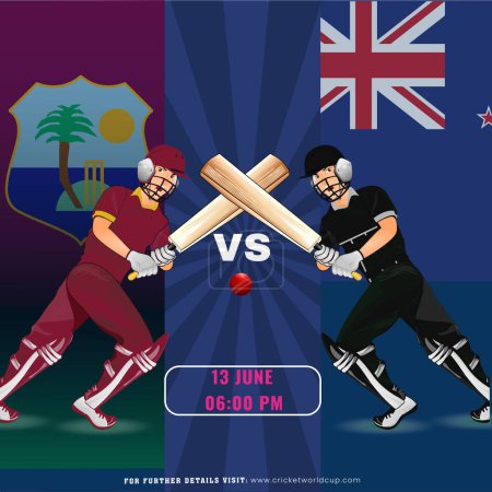 Ilustración de Partido de cricket entre las Indias Occidentales VS equipo de Nueva Zelanda con su personaje jugadores de bateador en el fondo de la bandera nacional, diseño de póster de publicidad. - Imagen libre de derechos