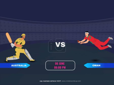 Ilustración de Partido de cricket entre Australia vs Omán equipo con su bateador, jugadores de bolos personajes. - Imagen libre de derechos