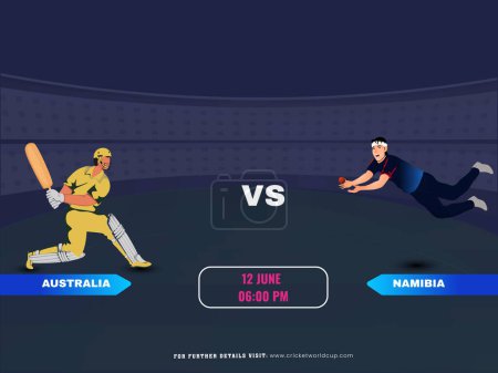Ilustración de Partido de cricket entre Australia vs Namibia Team con su bateador, personajes jugador de bolos. - Imagen libre de derechos
