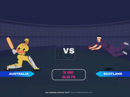 Téléchargez les illustrations : Match de cricket entre l'équipe Australie VS Ecosse avec leur Batsman, joueurs de bowler personnages. - en licence libre de droit