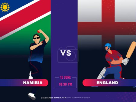 Ilustración de Partido de cricket entre Namibia vs equipo de Inglaterra con su bateador, personajes de jugador de bolos en el fondo de la bandera nacional. - Imagen libre de derechos