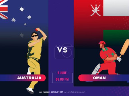Ilustración de Partido de cricket entre Australia vs equipo de Omán con su bateador, personajes de jugador de bolos en el fondo de la bandera nacional. - Imagen libre de derechos