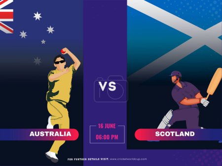 Cricket Match Between Australia VS Scotland Team with Their Batsman, Bowler Characters on National Flag Background.