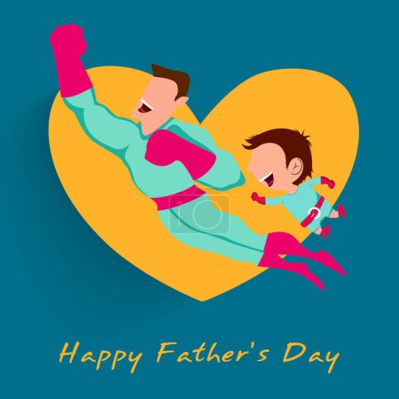 Superhero father and son flying up on white heart shape blue background for Happy Fathers Day.