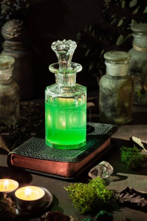 Photo for Witchcraft still life concept with potion, herbs ingredients candles and magical equipment - Royalty Free Image