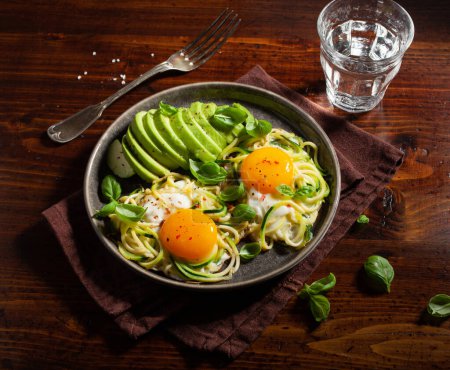 Keto Low-Carb-Frühstück gebackene spiralisierte Zucchini mit Eiern und Avocado