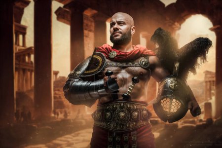 Téléchargez les photos : Prise de vue de gladiateur chauve musclé à barbe avec deux épées sur des ruines grecques. - en image libre de droit