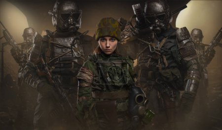 Foto de Obra de arte de soldados en settin de apocalipsis post vestido con uniformes militares. - Imagen libre de derechos