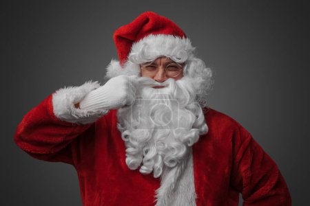 Photo for Portrait of christmas santa claus with glasses stroking his moustache looking at camera. - Royalty Free Image