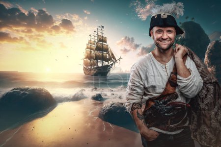 Photo for Portraiit of happy buccaneer dressed in cocked hat and white shirt on shore. - Royalty Free Image