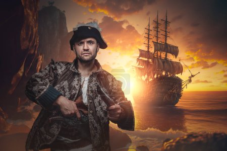 Photo for Art of stylish corsair with cocked hat and flintlock pistol on island. - Royalty Free Image
