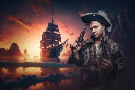 Téléchargez les photos : Artwork of stylish pirate dressed in costume posing on coast of desert island. - en image libre de droit