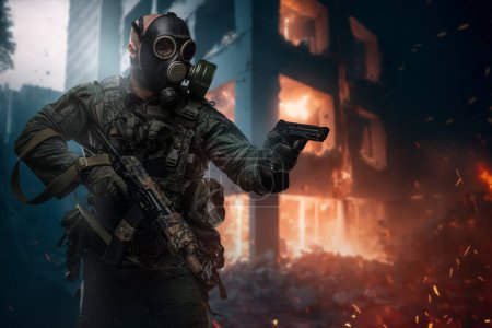 Téléchargez les photos : Art of warfare in destroyed city and soldier dressed in camouflage uniform and gas mask. - en image libre de droit