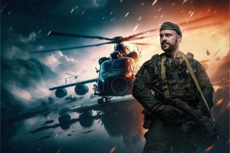 Foto de Portrait of courageous military man with rifle and helicopter. - Imagen libre de derechos