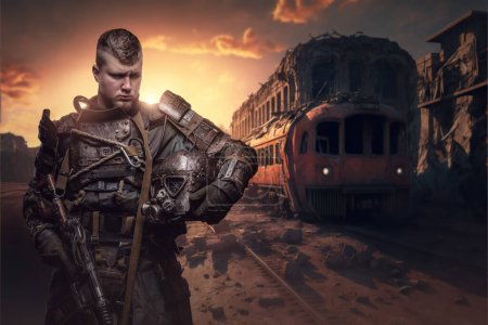 Foto de Portrait of military man in setting of post apocalypse in destroyed city around train. - Imagen libre de derechos