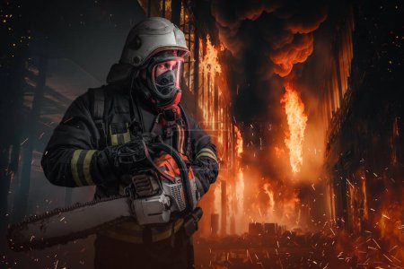 Foto de Shot of fireman dressed in helmet and protective suit in heat of inferno. - Imagen libre de derechos
