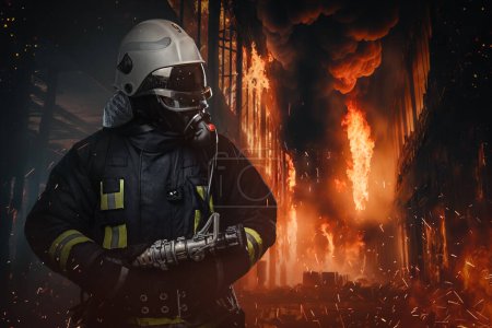 Photo for Portrait of fire fighting fireman dressed in protective suit holding fire hose. - Royalty Free Image