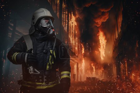 Photo for Shot of dangerous firefighter dressed in fire protective suit in burning city. - Royalty Free Image