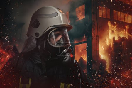 Foto de Portrait of fireman hero dressed in fire protective uniform rescuing people. - Imagen libre de derechos