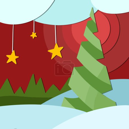 Photo for Cartoon art of xmas tree against red background with clouds and hanging stars. - Royalty Free Image