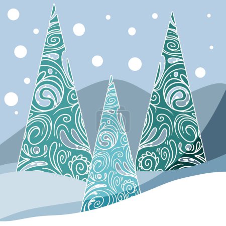 Photo for Xmas card of three patterned christmas trees during snowfall against light blue background. - Royalty Free Image