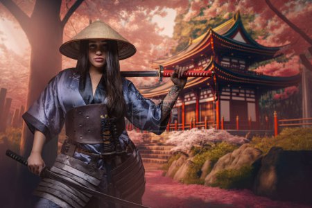 Téléchargez les photos : Portrait of samurai woman with katana dressed in kimono near temple. - en image libre de droit