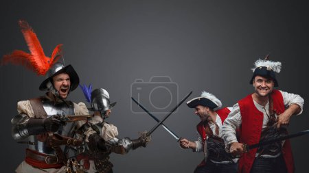 Photo for Shot of battle between conquistadors and pirates with flintlock guns and sabers. - Royalty Free Image