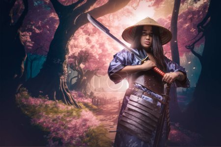 Téléchargez les photos : Art de samouraï femelle avec kimono et katana en forêt avec sakura en fleurs. - en image libre de droit