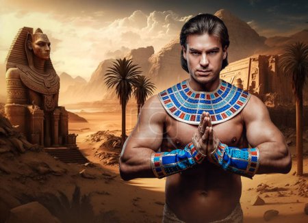 Photo for Artwork of man with naked torso in ancient egypt with pyramids. - Royalty Free Image