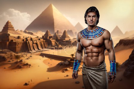 Téléchargez les photos : Portrait of antique egyptian man with naked torso in desert with pyramids. - en image libre de droit