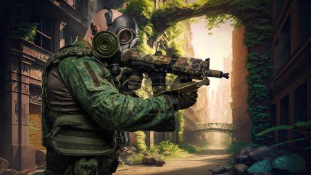 Foto de Portrait of serviceman dressed in camouflage uniform and gas mask holding rifle. - Imagen libre de derechos