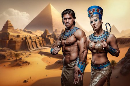 Téléchargez les photos : Artwork of glamour female pharaoh dressed in luxurious attire and topless egyptian man. - en image libre de droit