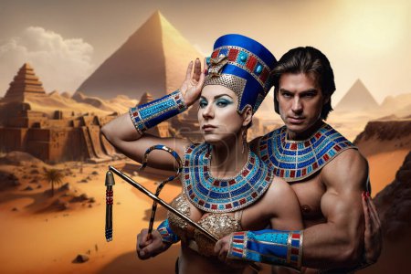 Photo for Art of luxurious female pharaoh and muscular egyptian man in desert with pyramids. - Royalty Free Image