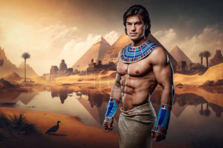 Foto de Obra de arte del hombre con el torso desnudo en Egipto antiguo con pirámides. - Imagen libre de derechos