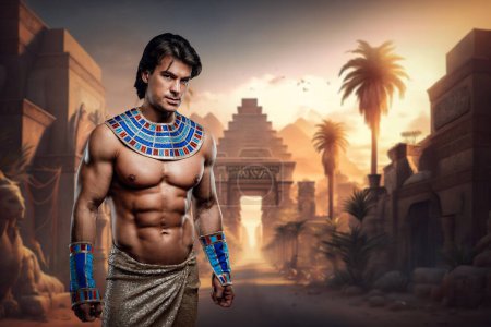 Téléchargez les photos : Artwork of man with naked torso in ancient egypt with pyramids. - en image libre de droit